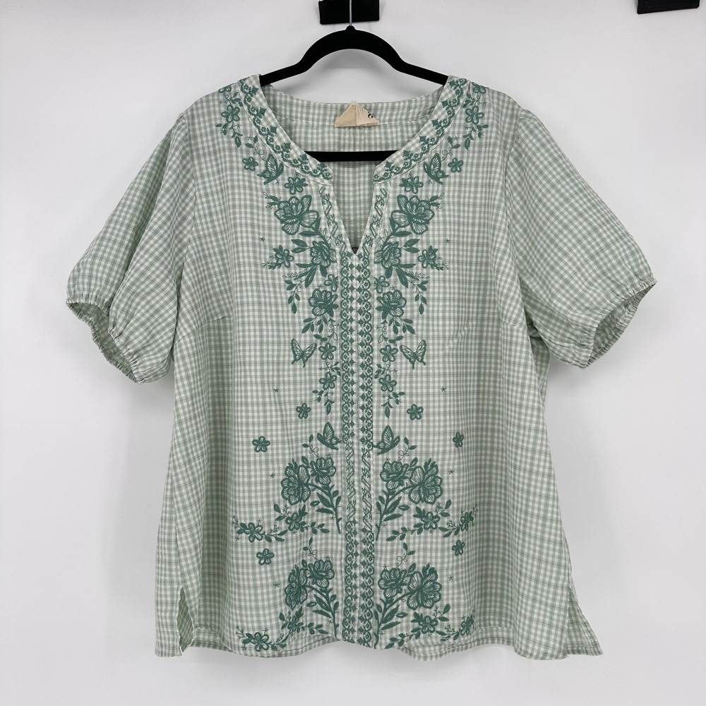 Savanna Jane Boutique Sage Green Gingham Floral Butterfly Puff Sleeve Top 2X